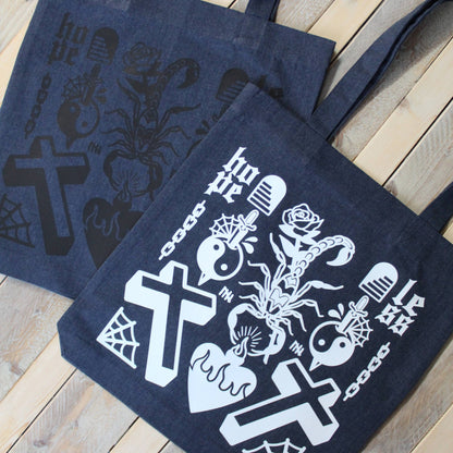 Tattoo Flash Printed Tote Bag - Natural/Black/Midnight Blue