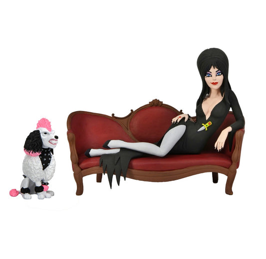 ELVIRA ON COUCH WITH GONK THE DOG TOONY TERRORS 6 INCH SCALE BOX SET