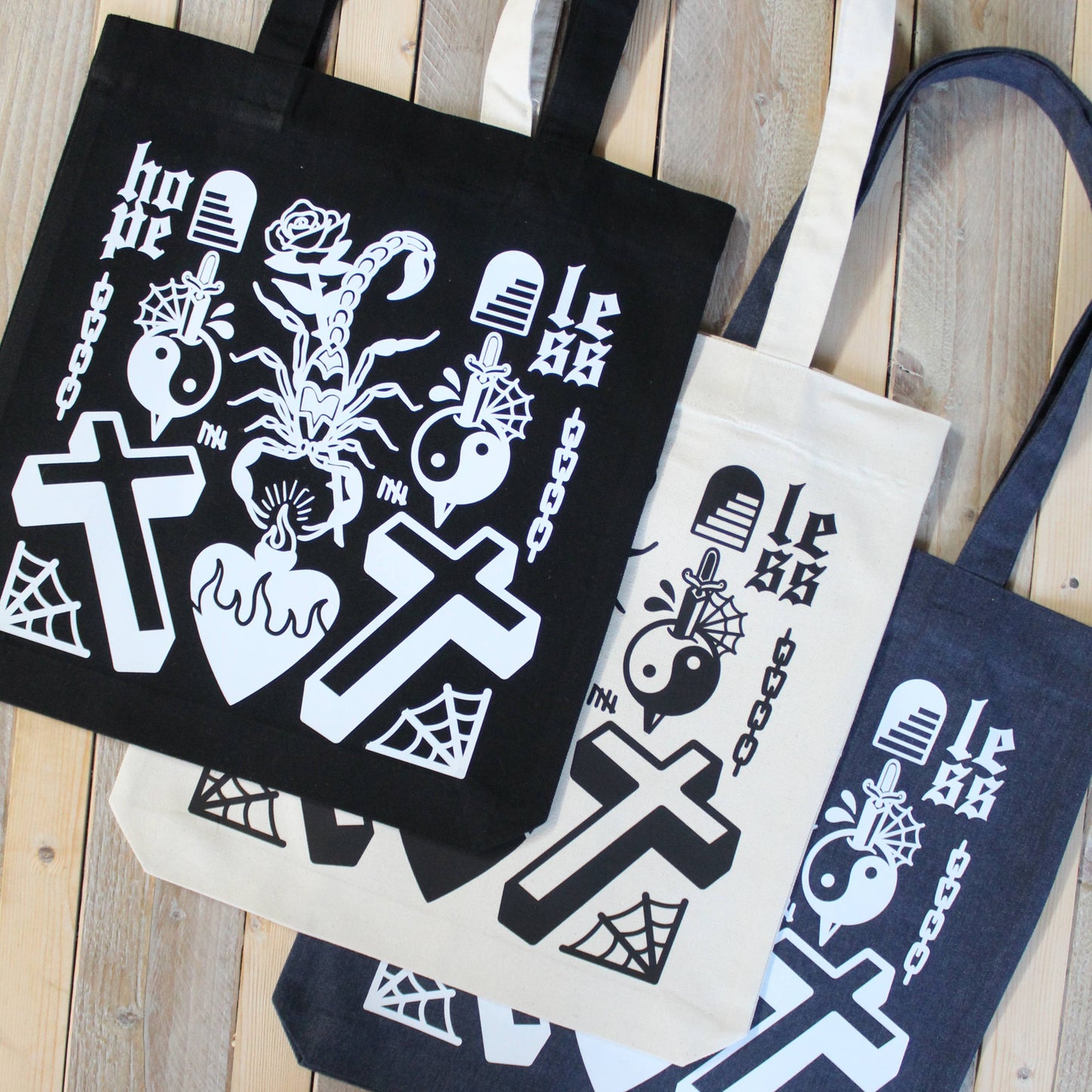 Tattoo Flash Printed Tote Bag - Natural/Black/Midnight Blue