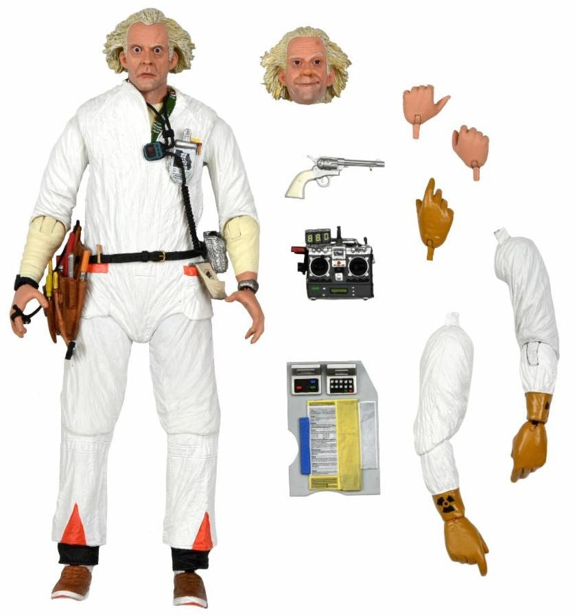 BACK TO THE FUTURE DOC BROWN PART 1 / VER 2 (1985) HAZMAT SUIT ULTIMATE 7 INCH SCALE ACTION FIGURE BTTF